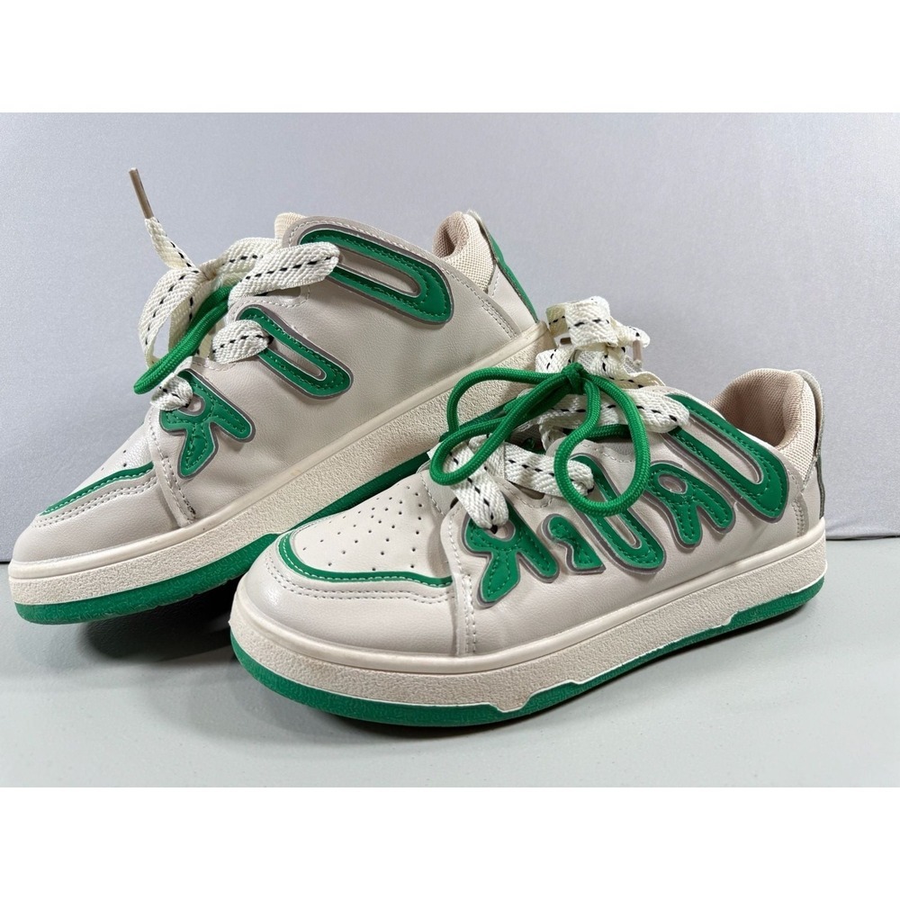 Letter Graphic Lace-Up White and Green Chunky Skate Sneakers Size 7